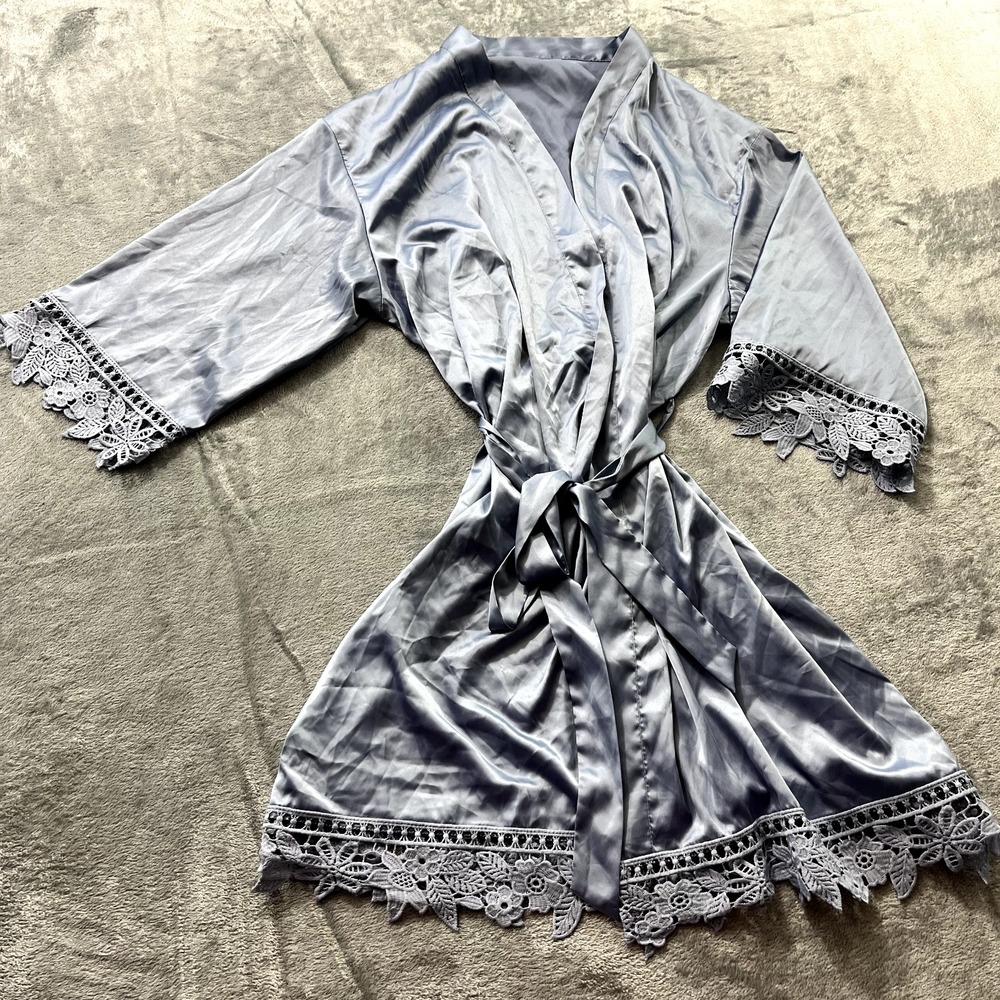 Women's Kimono Robe SILKY BLUE SATIN Open, Crochet Lace, Lounge Med